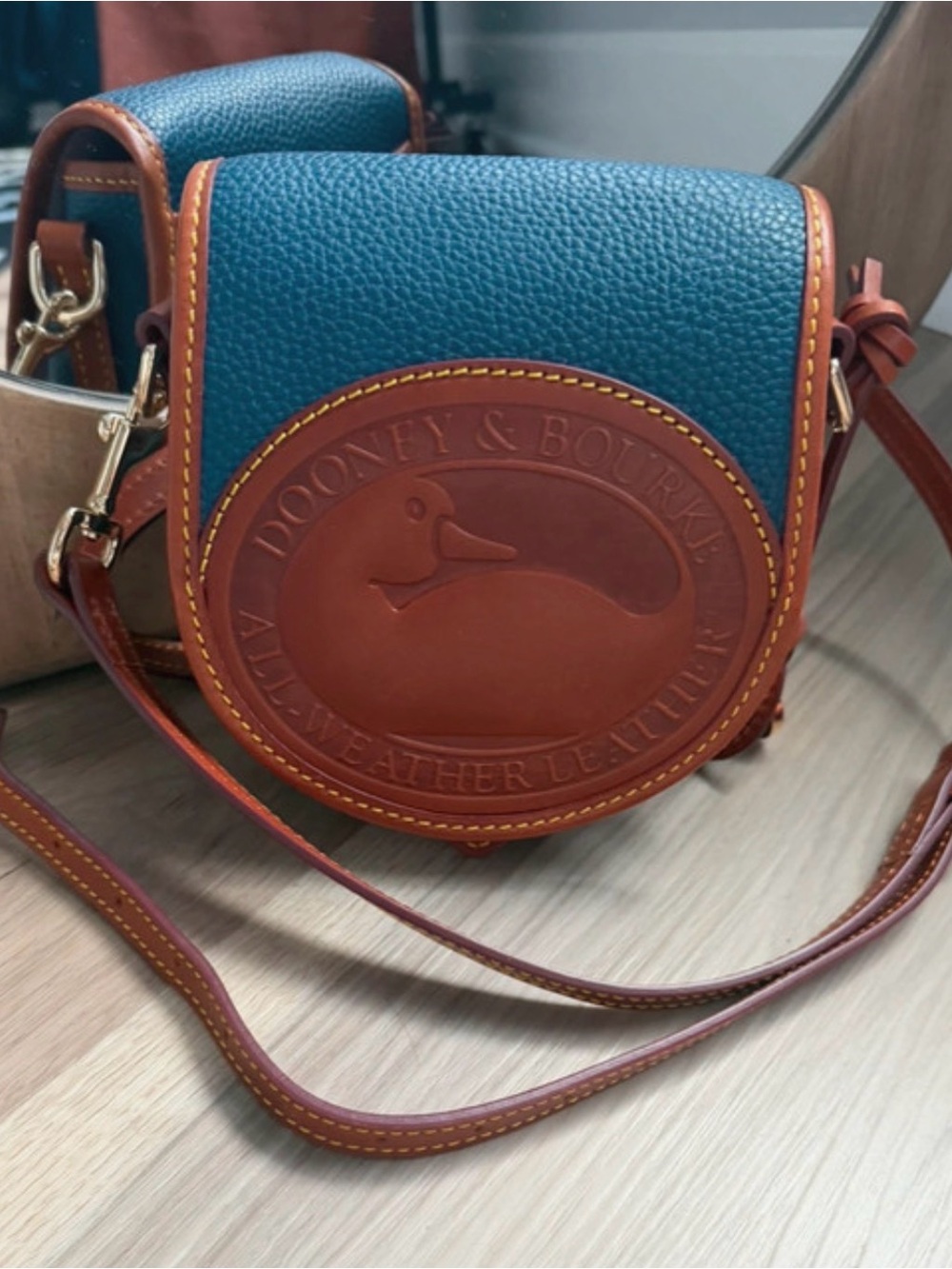 Dooney & Bourke Teal and Brown Leather Round Crossbody